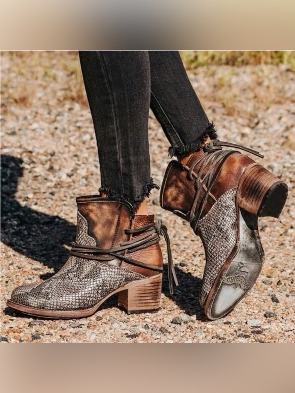 Freebird by Steven Metallic Gray and Distressed Brown Snake-Texture Ankle Boots